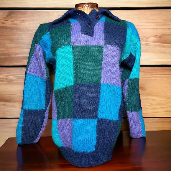 VINTAGE 90s Mohair Wool Sweater Collared Blue Monochrome Colorblock Size S - Picture 2 of 6